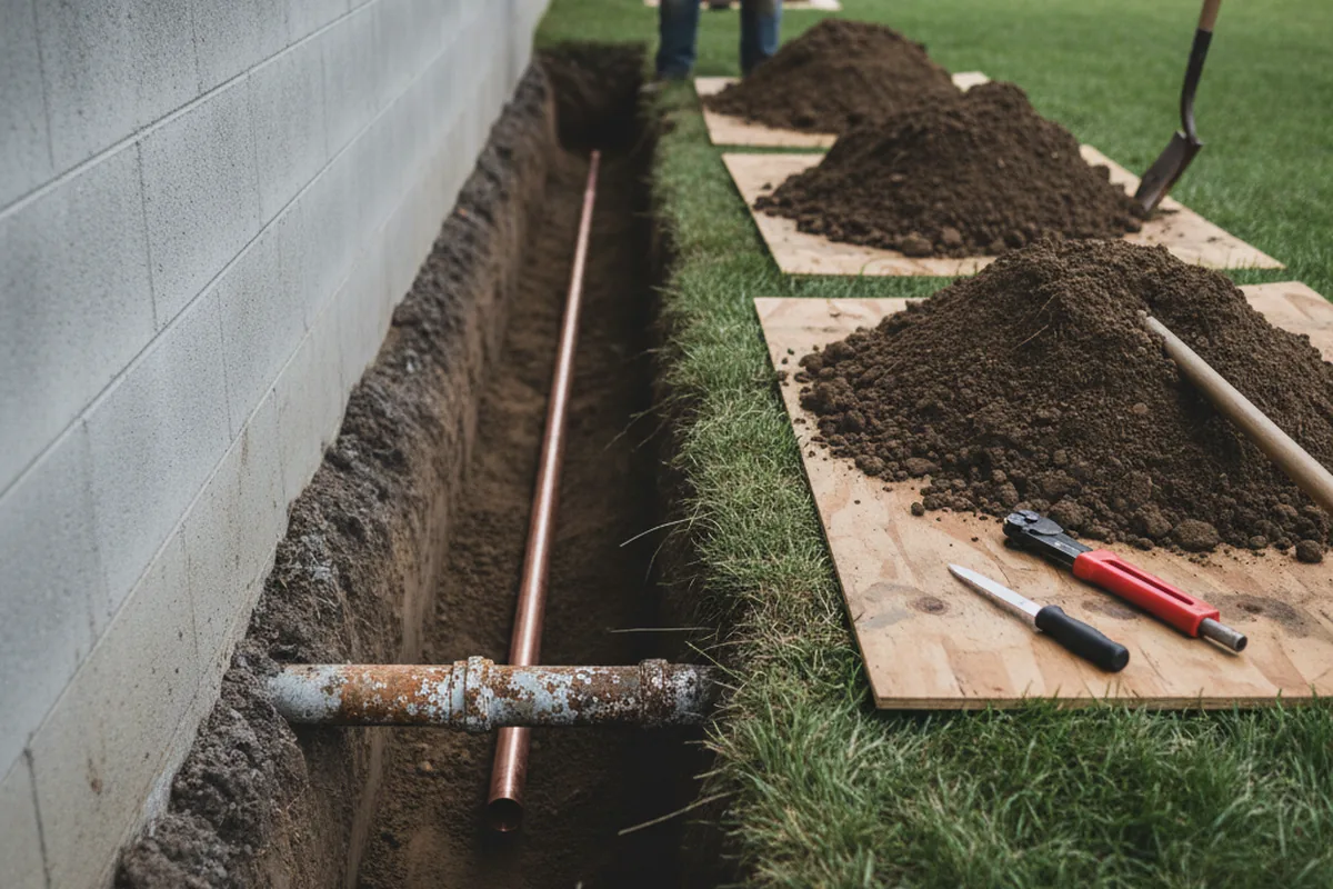 Excavated water line trench during Sewer Line Repair in Caroga Lake